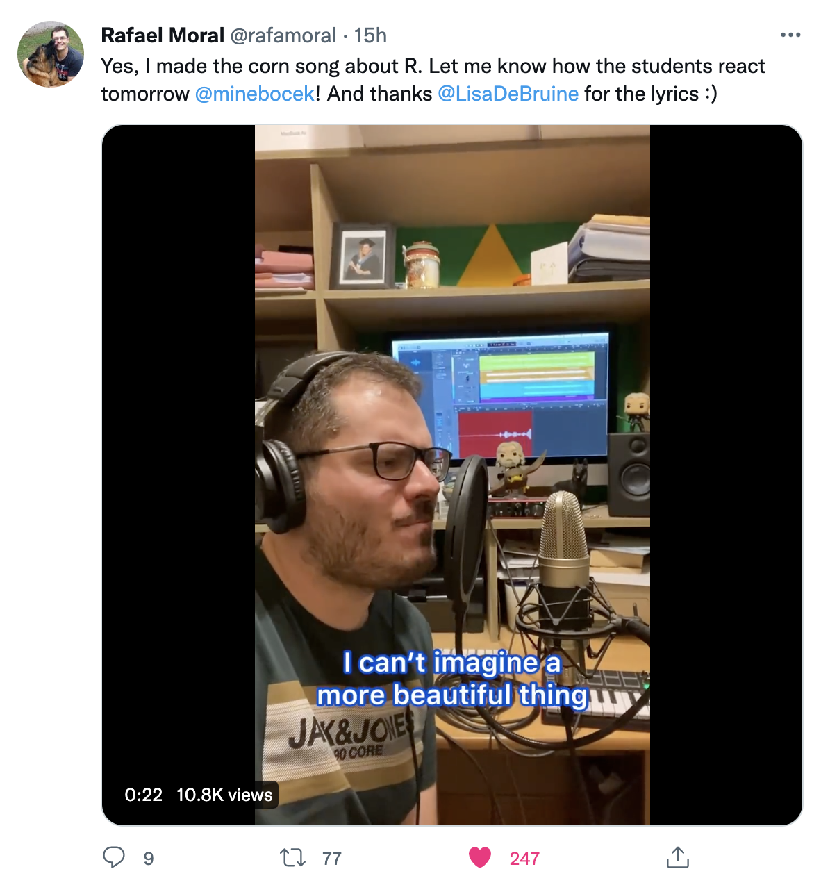 Screenshot of a tweet from Rafa Moral saying he recorded an R version of the "it's corn" viral hit